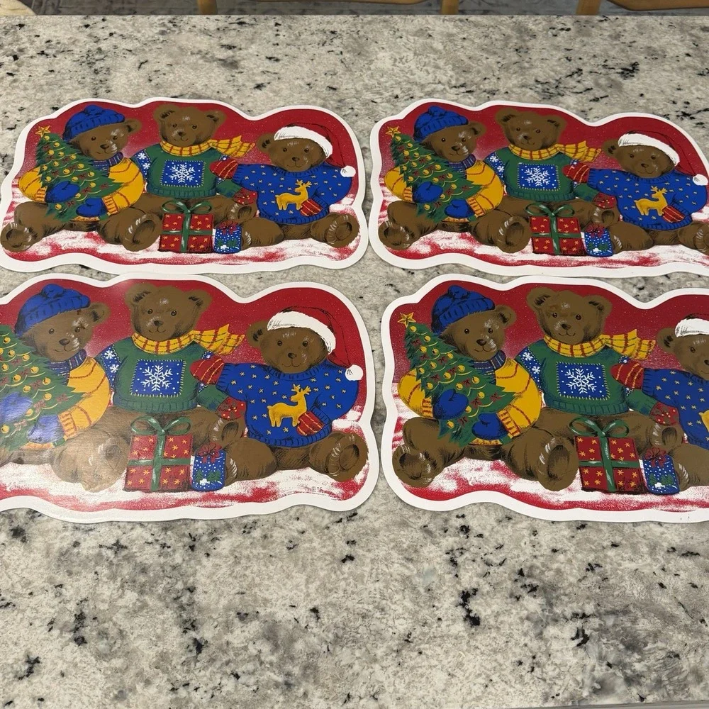 Vintage Christmas Bears Vinyl Foam Placemats Retro 80s 90s Set Of 4 Holiday